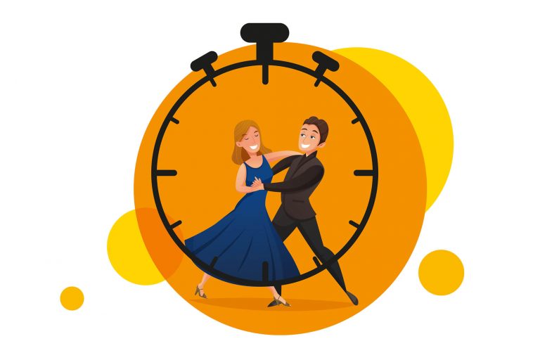 Strichzeichnung einer Uhr und eines Tanzpaares