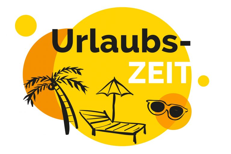 Zeichnung einer Urlaubssituation bestehend aus einer Liege mit einem Sonnenschirm unter einer Palme und eine Sonnenbrille